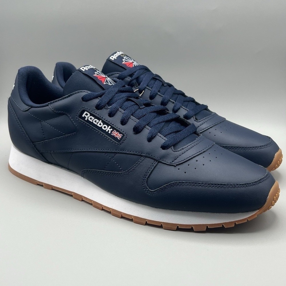 Reebok Classic Leather Navy Blue Gum Retro Shoes - Men's Size 14 NEW